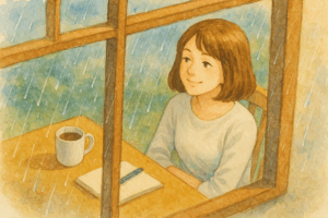 梅雨時、座って作業している女性