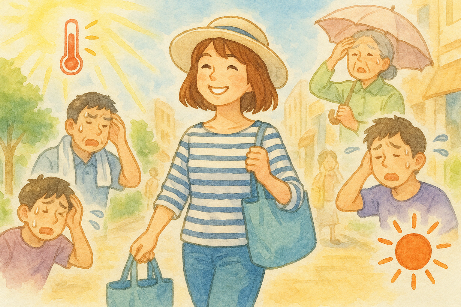 炎天下を気にせず歩く女性