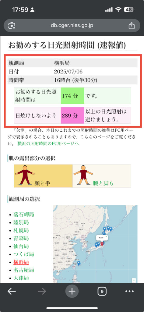 お勧めする日光照射時間。肌の露出部分顔と手
