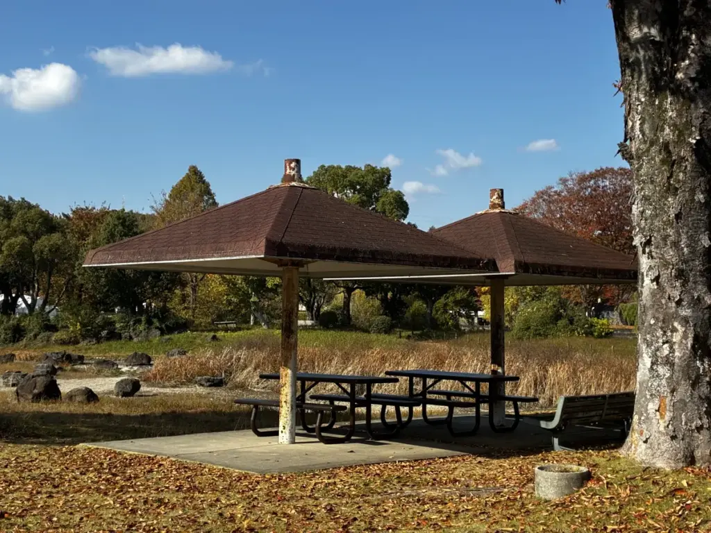 砂の広場近くの屋根付きベンチ